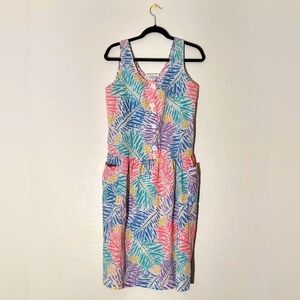 Epitome Vtg Tropical Multi Leaf Print Cotton Blend Sleeveless Midi Dress WM Sz M